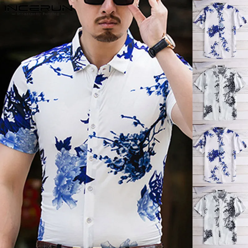 INCERUN Летняя мужская рубашка с короткими рукавами и цветочным принтом Новая трендовая Повседневная рубашка с отворотом для среднего