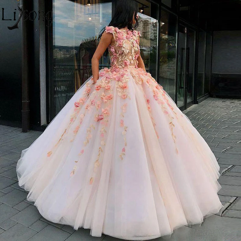 Charming Prom Dresses With 3D Floral Appliques Jewel Neck Ball Gown Quinceanera Qresses With Free Petticoat Floor Length Evening Gowns189