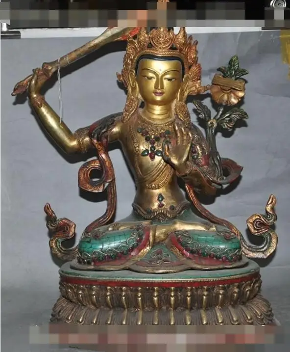 

S01718 20"tibet buddhism bronze gilt Mosaic Gem Manjushri Bodhisattva god buddha statue (B0328)