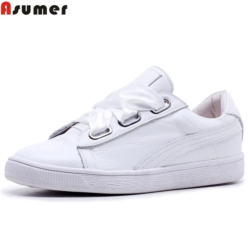 

ASUMER black pink fashion spring autumn flat shoes woman round toe cross tied casual sneakers women genuine leather flats