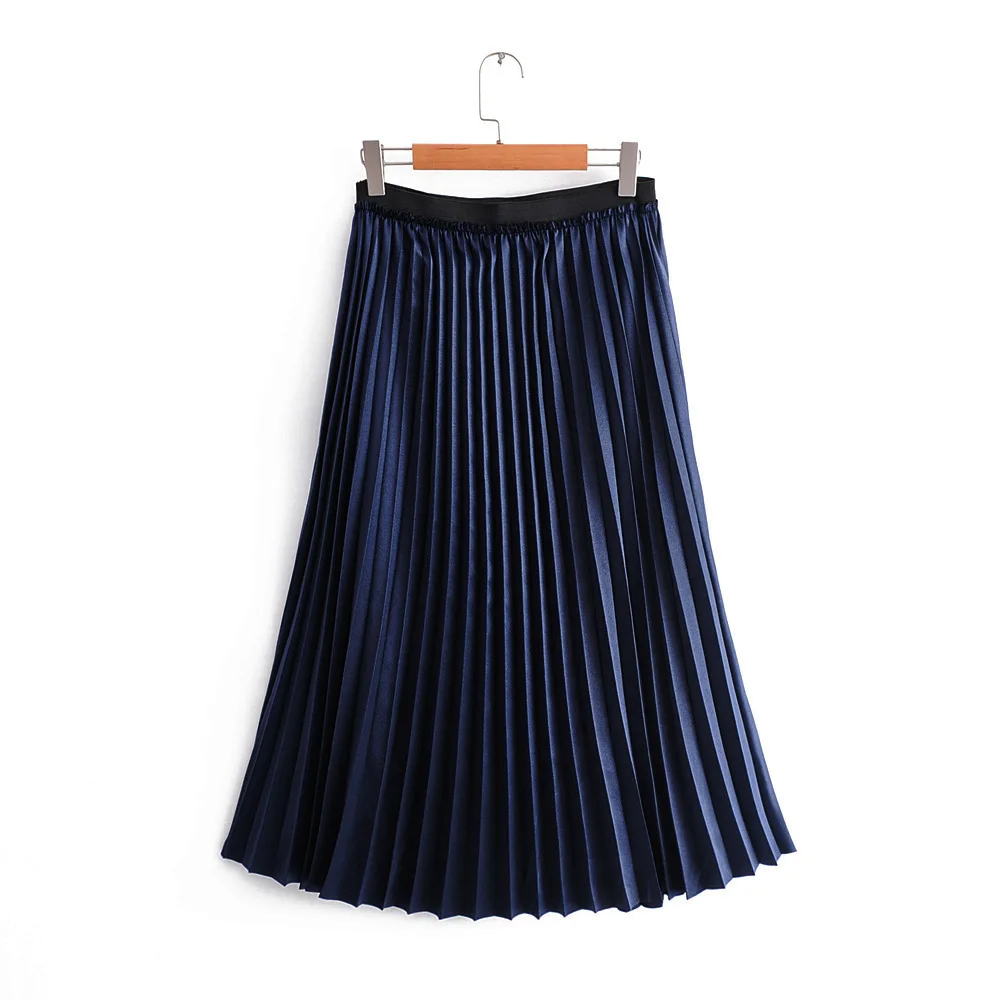

women metal feeling autumn long skirt navy blue pleated office lady style SML drop shipping 18OctW3 Elastic waist