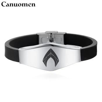 

10 pcs/Lot Aquaman Trident Bracelet Stainless Steel Engraved Logo Black Silicone Wristband Adjustable Punk Style Men Bracelets