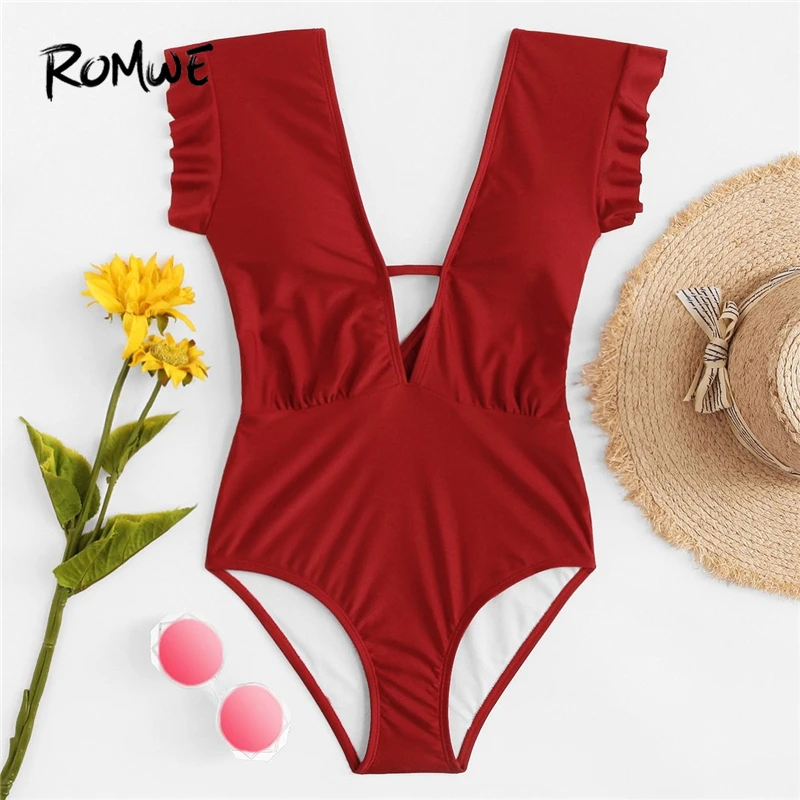 

Romwe Sport Red Deep V-Plunge Neck Ruffle Shoulder One Piece Swimsuit Women Summer Beach Monokinis Bathing Suits Swimwear