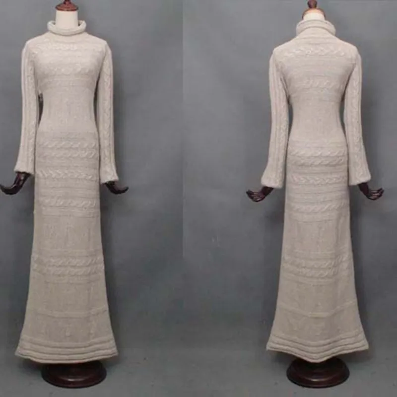 Free Shipping 2019 New Fashion Autumn Long Floor Length Thick Winter Woolen Sweater Dress Turtleneck Long Sleeve Slim Dresses