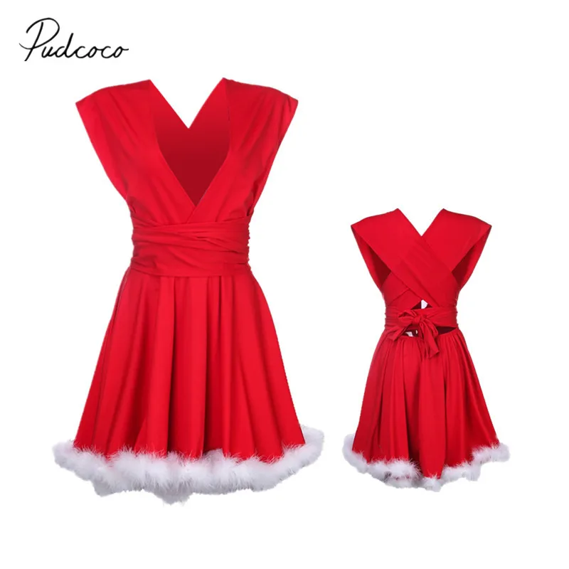 

2018 Brand New Christmas Family Matching Dress Party Fancy Furry Dresses Mother Daughter Red Outfits Xmas Clothes Santa Sets