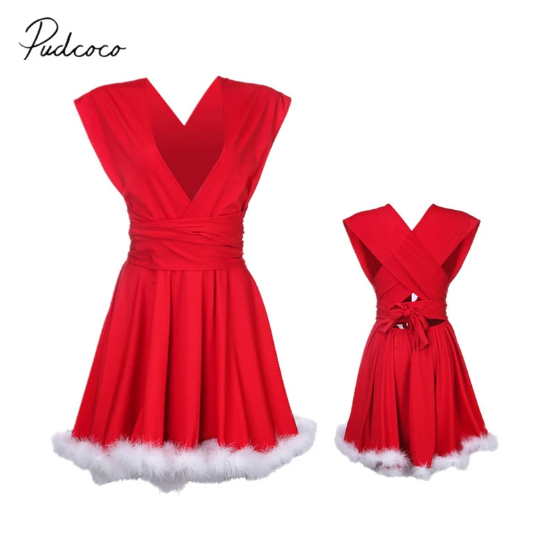 Novedad de 2018! vestido a juego de Navidad para la familia, peludos elegantes vestidos para fiesta, trajes rojos para madre e hija, conjuntos de Navidad Santa Claus|Trajes iguales de familia| -