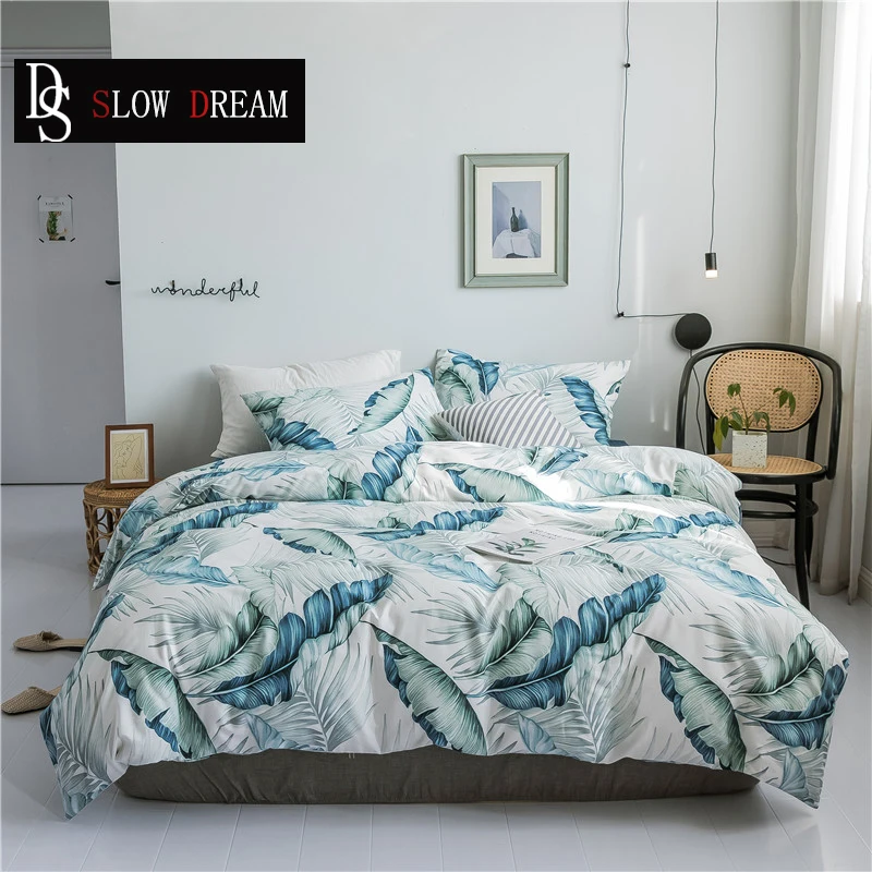 

SLOWDREAM Hot Sale Fashion Banana Leaf Bedding Set Double Blue Cover Set Flat Sheet Decor Home Textiles Pillowcase Bed Linens