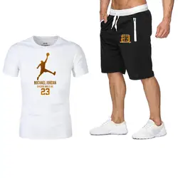 Летний Лидер продаж, мужские комплекты, футболки + шорты, 2 предмета, золотые JORDAN 23, комплекты с принтом, повседневный спортивный костюм