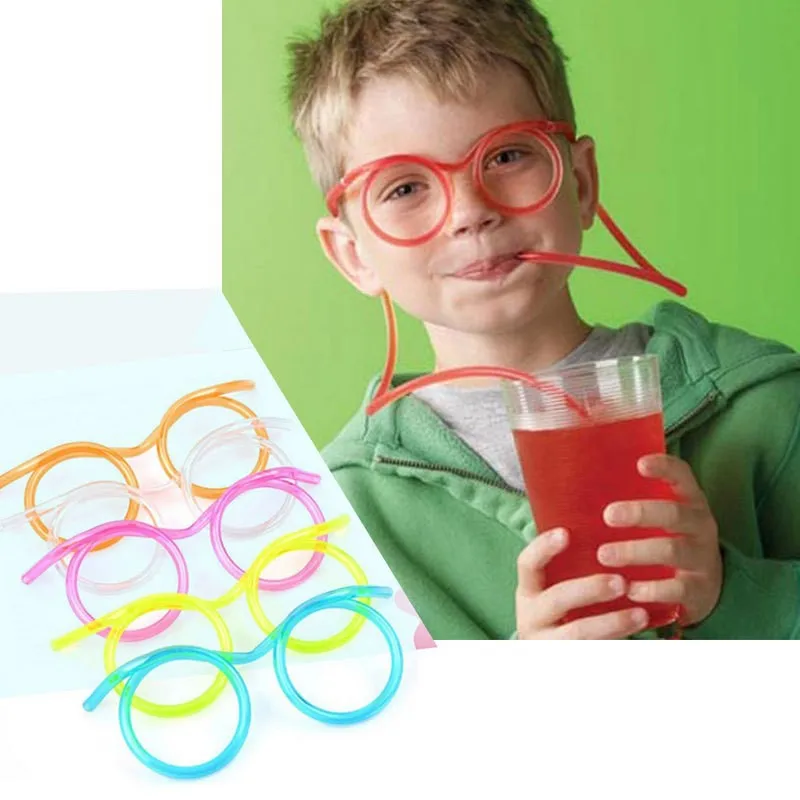 

10PCS Funny Soft Glasses Straw Unique Flexible Drinking Tube Kids Party Accessories random color BZ