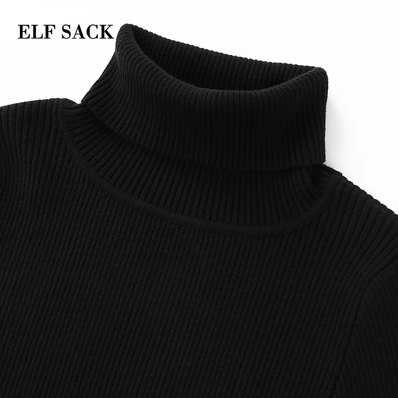 ELFSACK New Woman Sweater Solid Hand Knitted Casual Women Sweaters Turtleneck Full Short Purple Femme Pullovers Female Tops