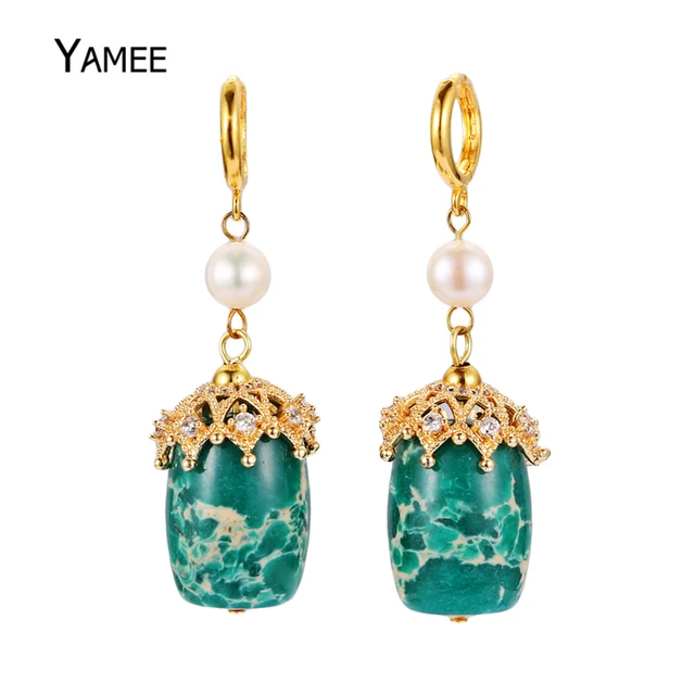 Fashion Green Natural Stone Barrel Sea Sediment Bead Pearl Beads Fashion Green Natural Stone Barrel Sea Sediment Bead Pearl Beads Drop Earrings Gold Pave Zircon Cz