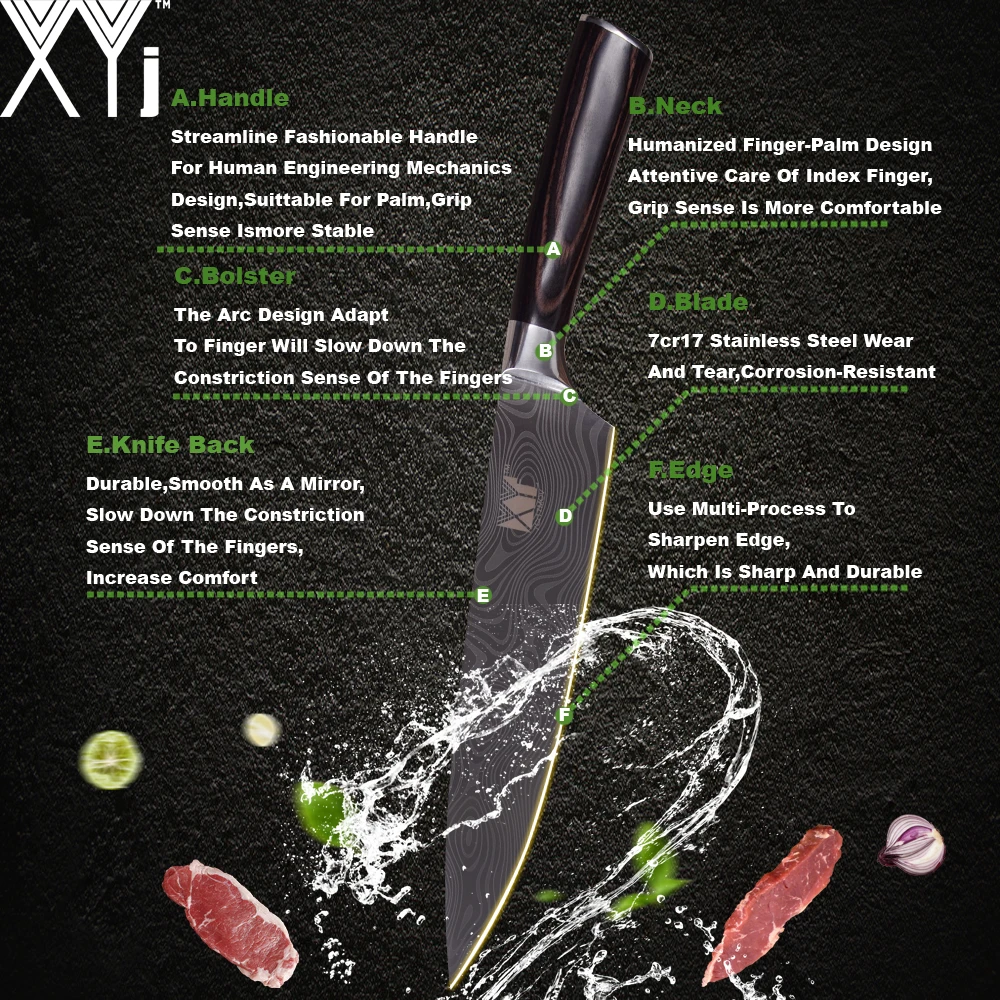 XYj кухонные ножи Дамасские вены ножи из нержавеющей стали цветные деревянные ручки для очистки овощей утилита Santoku нож для нарезки повара