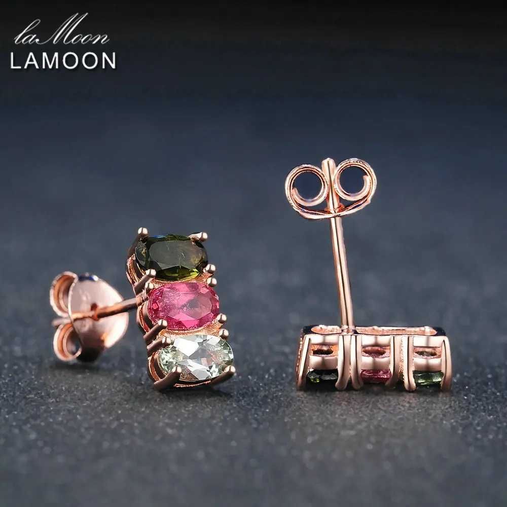LAMOON Classic 100% Natural Multi-Color Oval Tourmaline 925 Sterling Silver Jewelry S925 stud Earrings LMEI035
