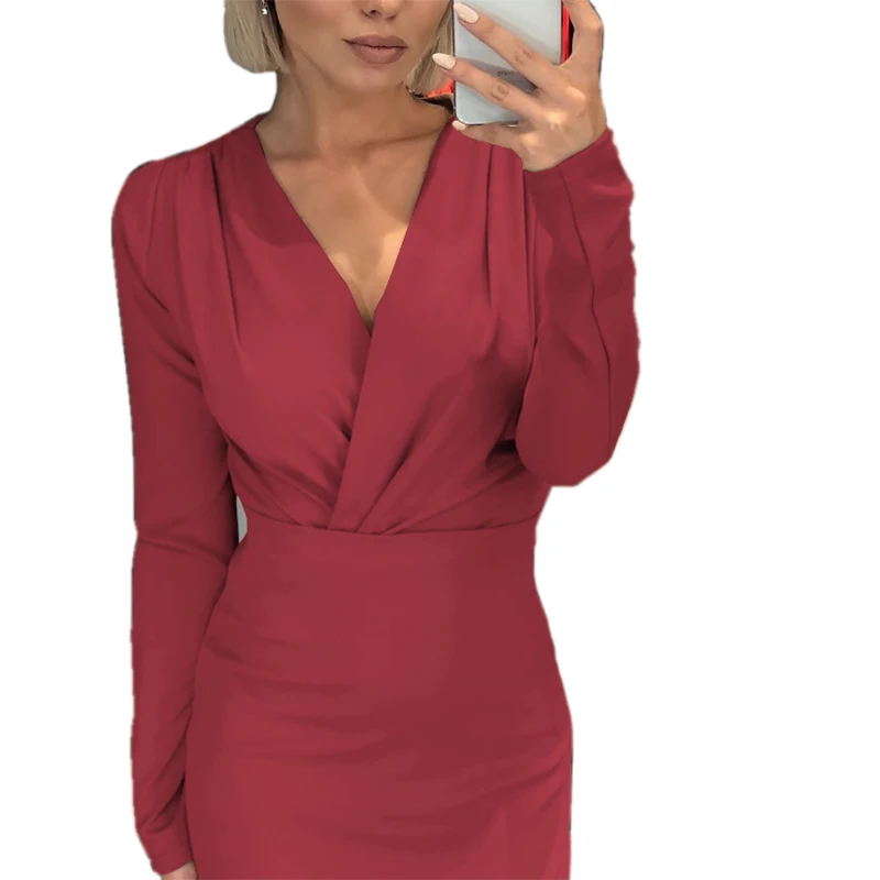 Sexy Women Dress Autumn V-Neck Slim Long Sleeve Bodycon Dress Woman Fashion Vestidos Female Lady Clubwear Evening Party Dresses