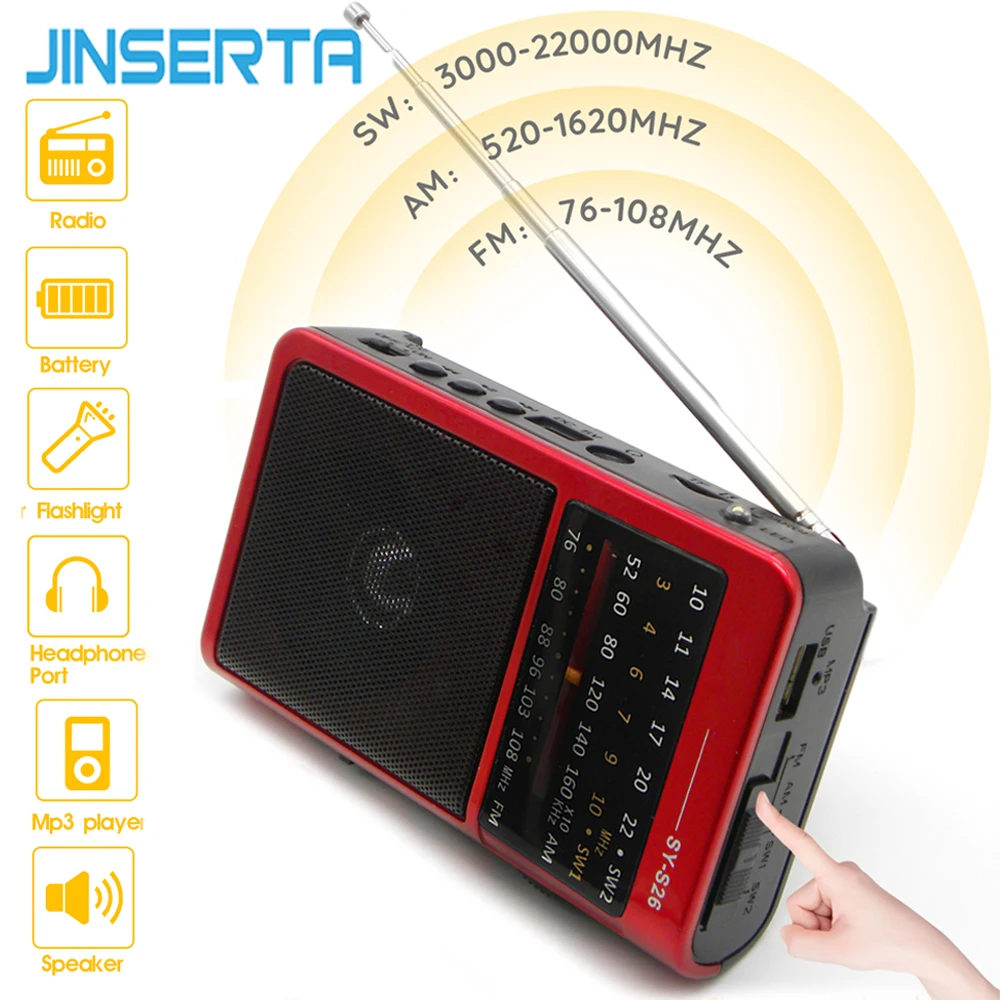 

JINSERTA Radio Receiver FM/AM/SW Portable Pocket Radio with Flashlight Support U disk/TF Card Play Stereo Mp3 Music Player
