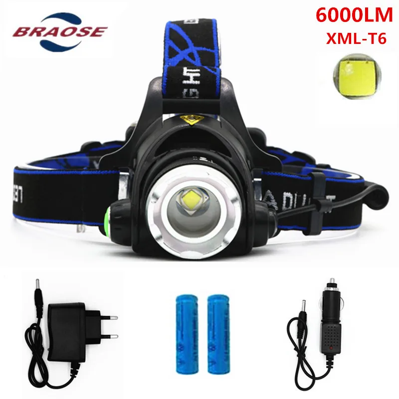 Cree Xml -l2 6000lm Led Headlamp Headlight 18650 Flashlight Head Light Lamp +2x 5000mah Battery+car Charger+ Eu/us Charger | Освещение