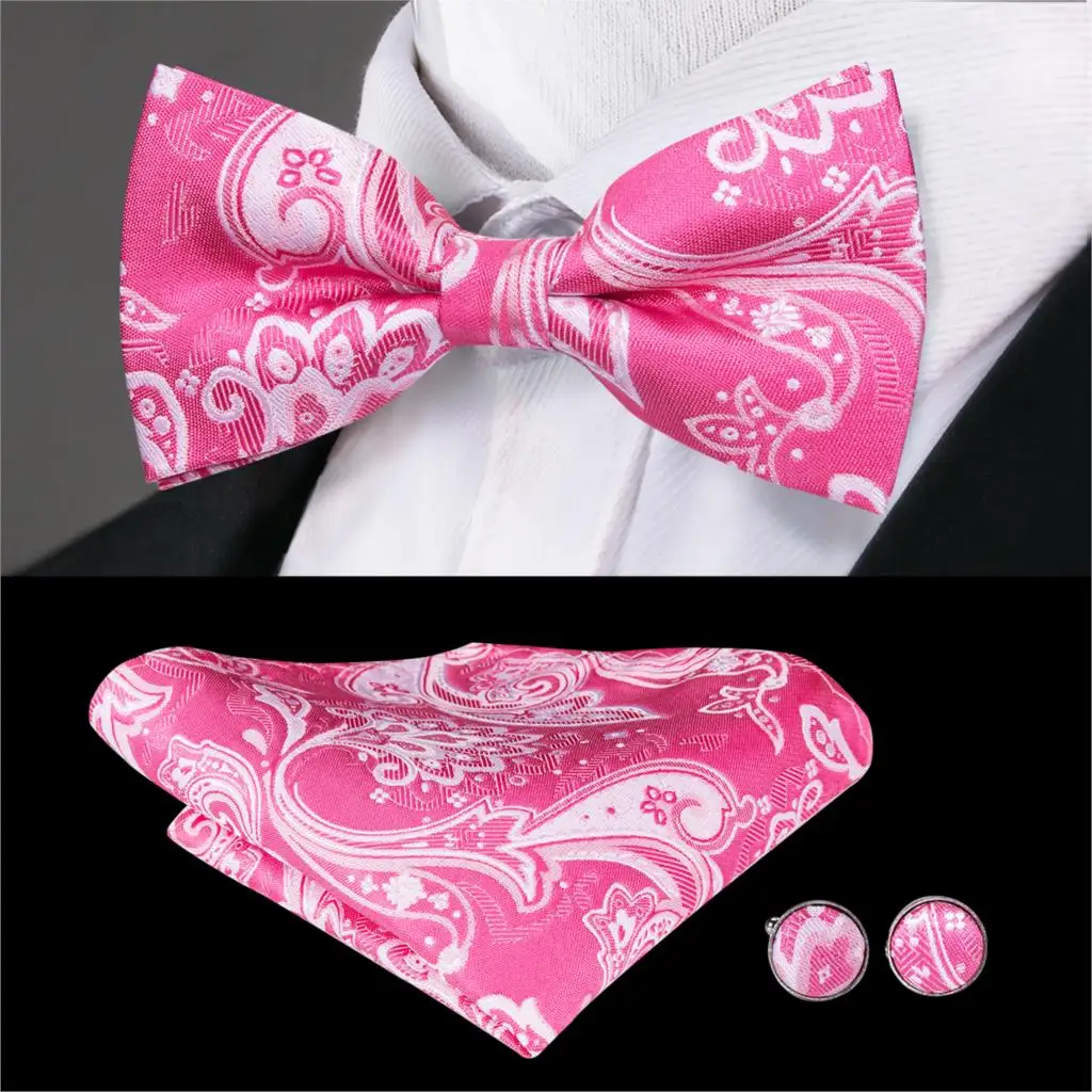 Hi-Tie Classic Party Wedding Bow Tie Set for Men Silk Butterfly Tie Pink Floral Handkerchief Cufflinks Ties Set Handmade F-788