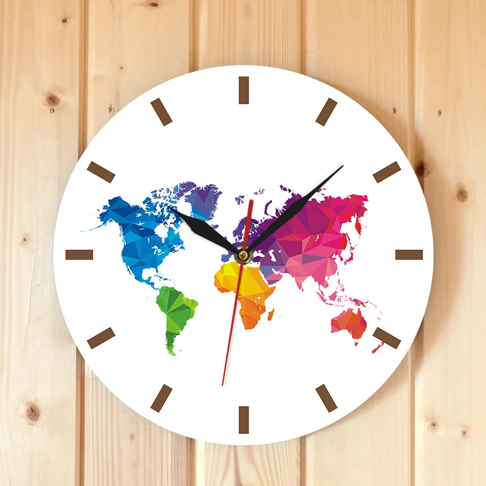 Online Einzigartige Bunte Welt Karte Wanduhr Stille Bewegung Moderne Dekorative Wand Uhr Geometrische Wand Kunst Housewarming Reisenden Geschenk