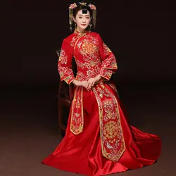 Традиционный китайский свадебное платье 2019 вечернее платье Красный Qipao долго Cheongsam Для женщин вышивка цветок Oriental Платья для вечеринок
