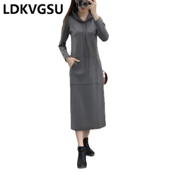

Long-Sleeved Dress Autumn Winter Female 2018 New Korean Casual Loose Hooded Long Female Sweatershirt Dress Plus Size 4XL Is946