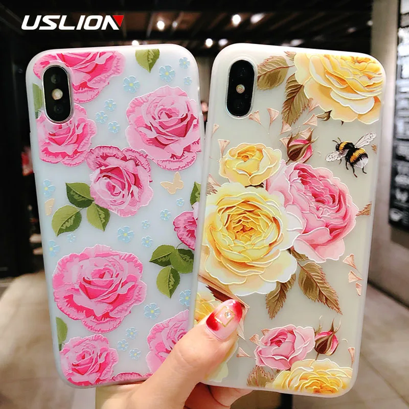 

USLION Cute Cartoon Rabbit Case For iPhone 7 Plus 3D Relief Flower Soft TPU Phone Cases Cover For iPhone 6 6S 7 8 X Plus 5 5s SE