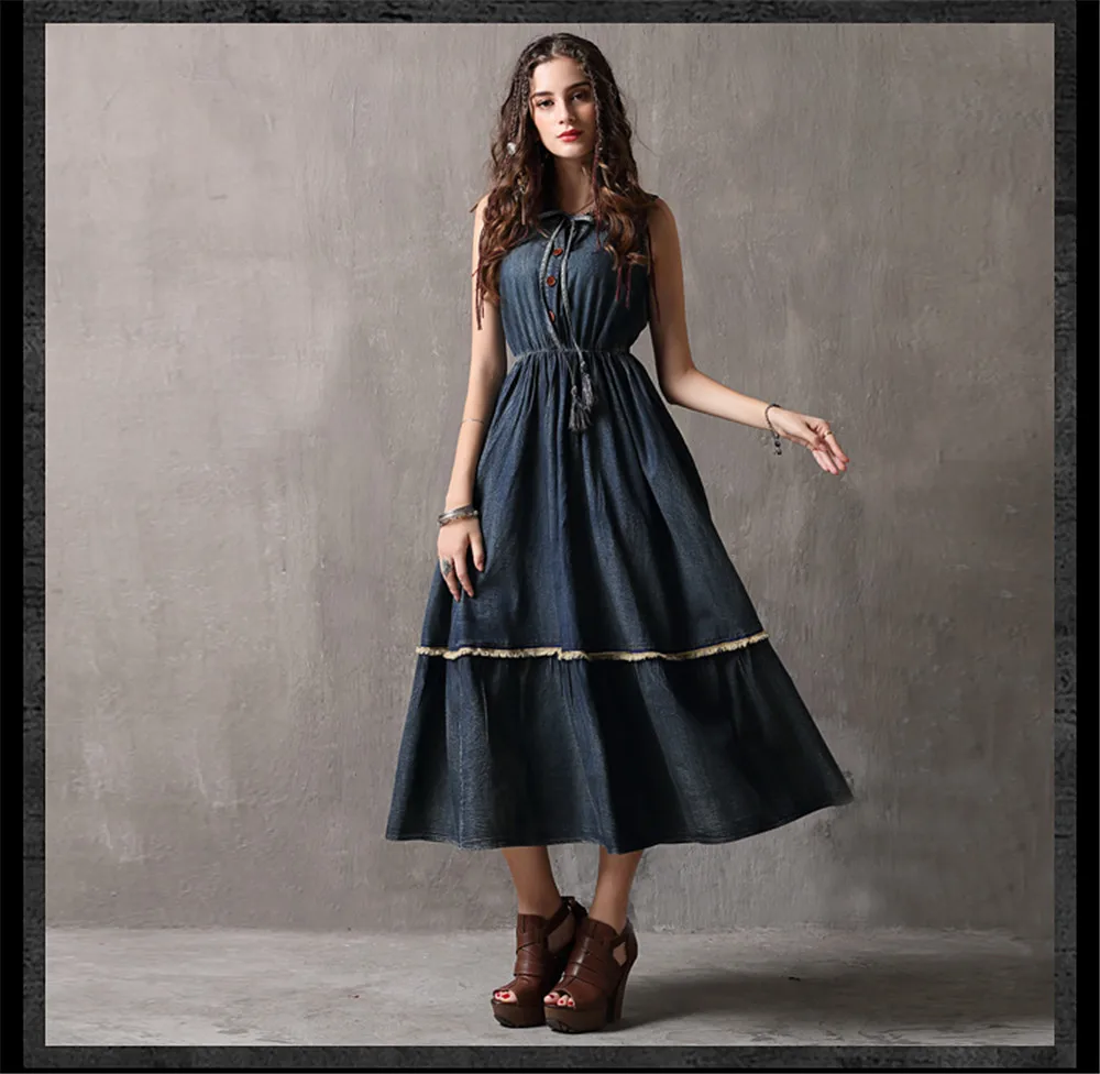 Винтажное летнее платье на бретелях, повседневное джинсовое платье с высокой талией и круглым вырезом, ТРАПЕЦИЕВИДНОЕ элегантное платье-сарафан для женщин K82106