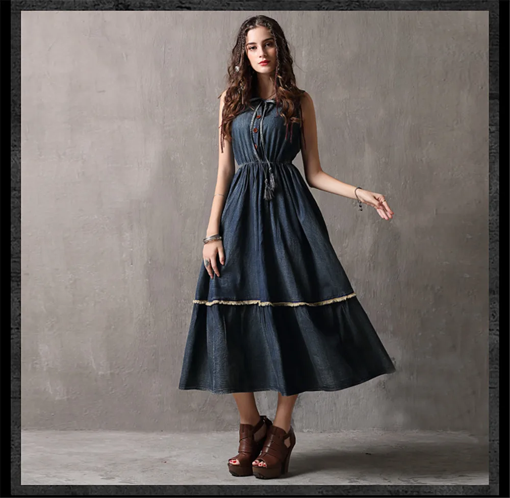 Vintage Summer Tank Dress 2018 Casual High Waist Denim Vestidos O-Neck Swing Hem A-line Elegant Sundress Dress Female K82106 (16)