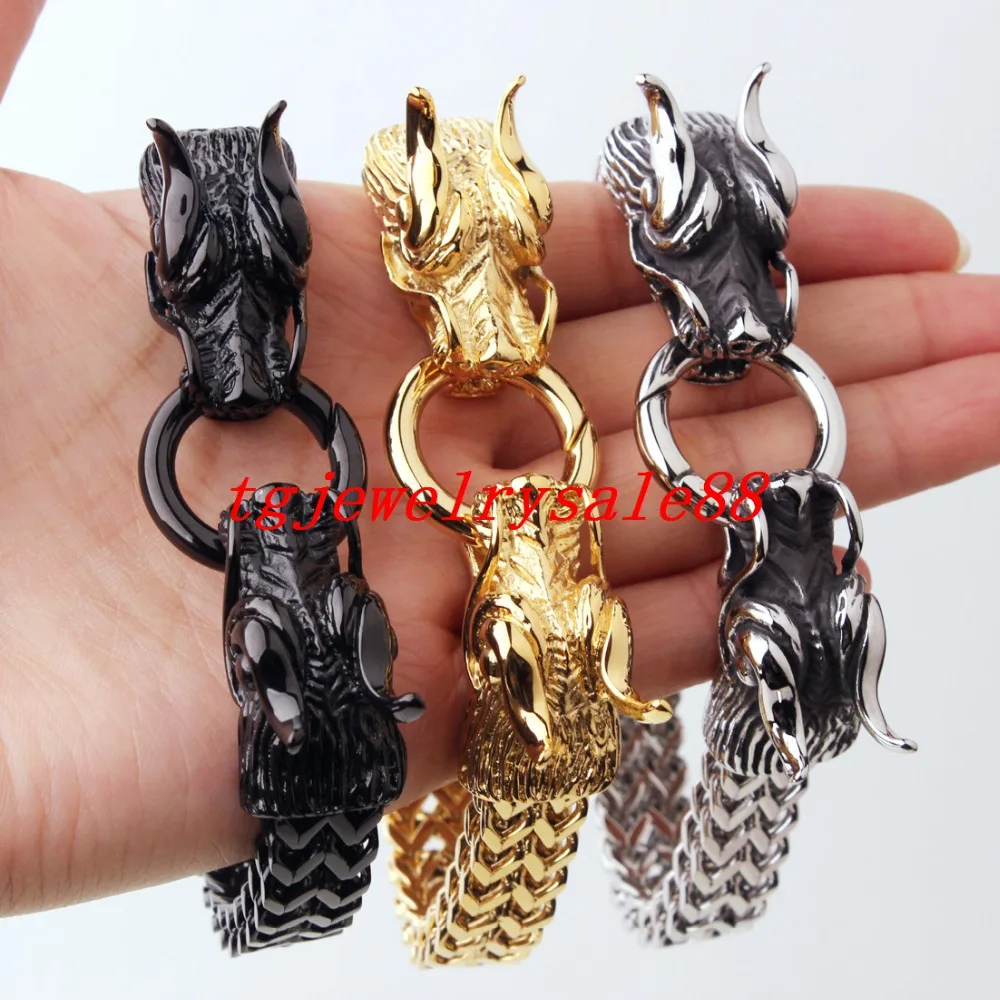 

High Quality 13mm Figaro Rolo Chain Bracelet Biker Men's Silver Gold Black Stainless Steel Dragon Head Cuff Jewelry 8.66