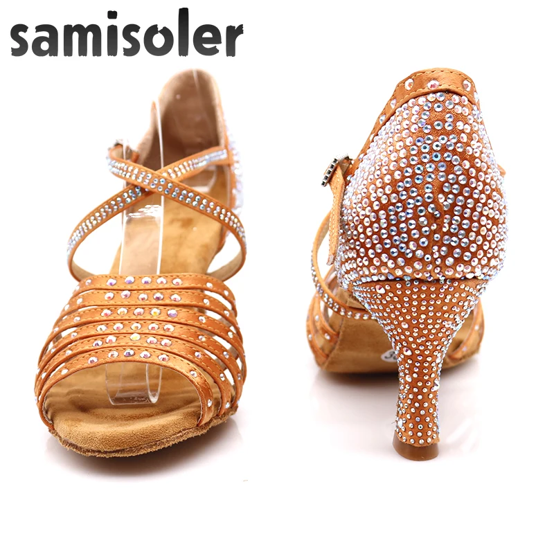 Samisoler/женские вечерние туфли для танцев; Атласная блестящая обувь со стразами на мягкой подошве для латинских танцев; женская танцевальная обувь для сальсы; heel5CM-10CM
