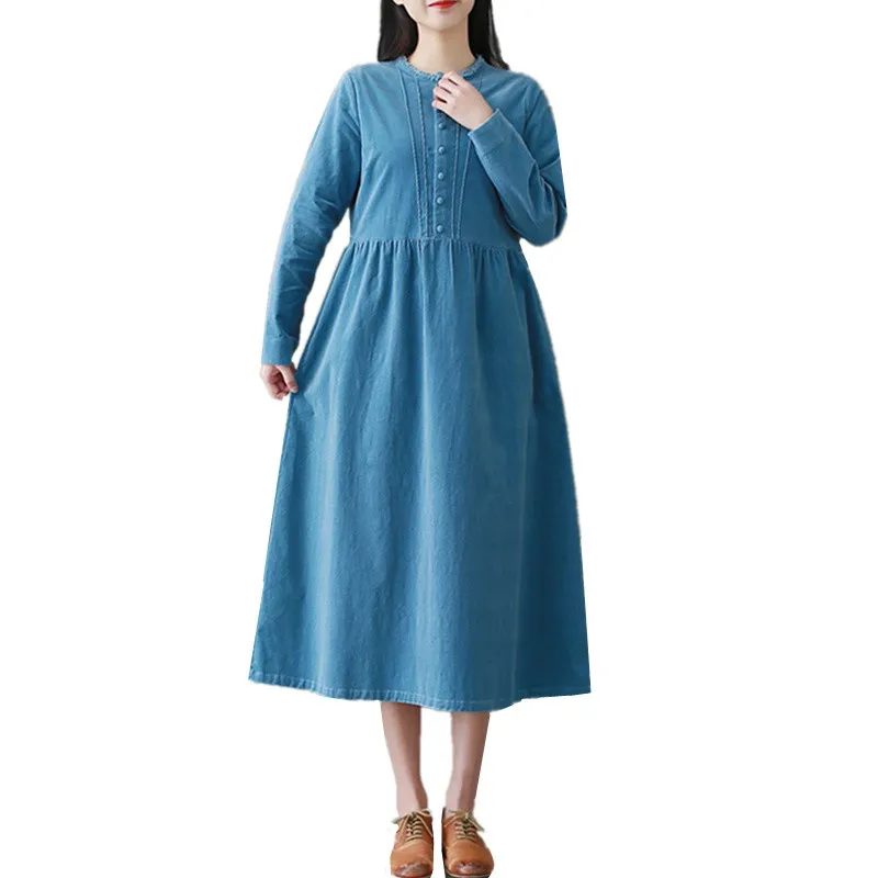 

2018 Mori Girl Spring Autumn Women Corduroy Dress Solid Blue Casual High Waist Full Sleeve Femininos Vestidos Sweet Midi Dresses