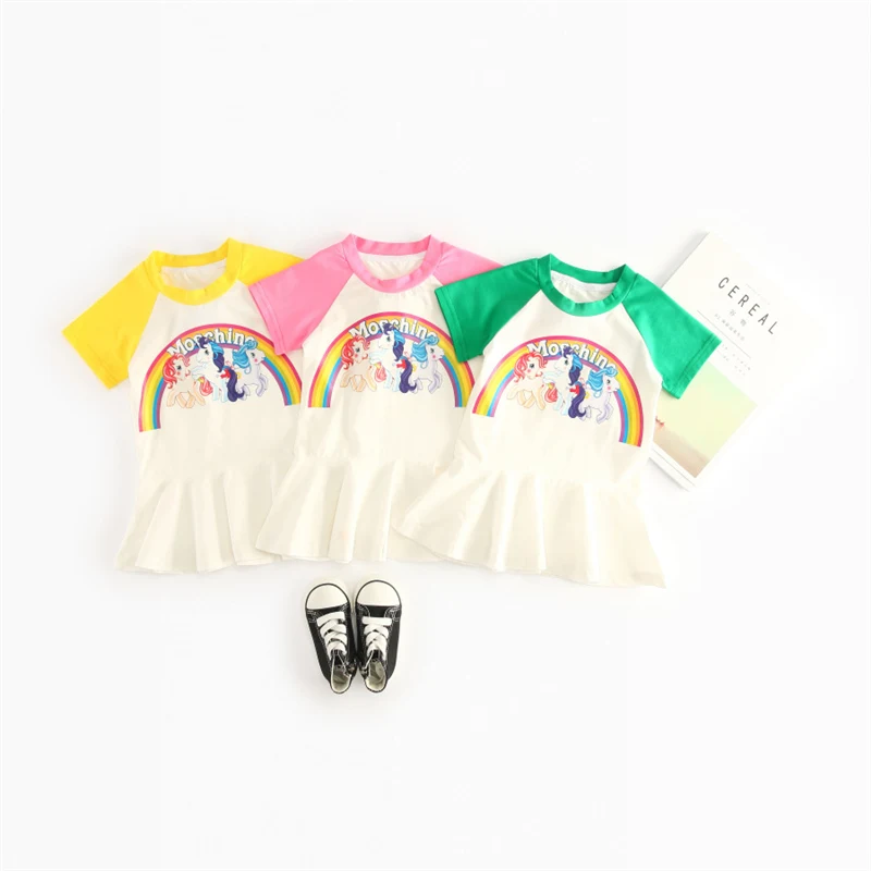 

Baby Girls Clothing Retail Brand Rainbow Pony Raglan Sleeves Dress Kids Girls Hot Fashion Cartoon Printing Clothes 0-4Years