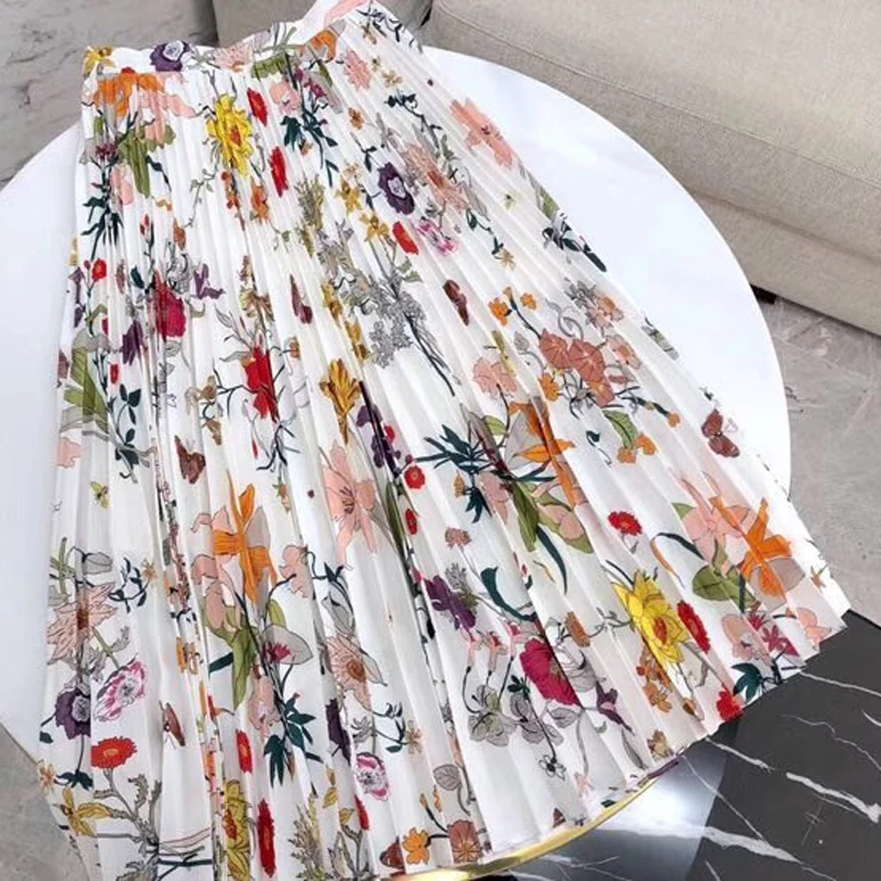 Модная длинная юбка для женщин Лето 2019 Высокая талия цветочный принт юбка Леди Модные плиссированные юбки