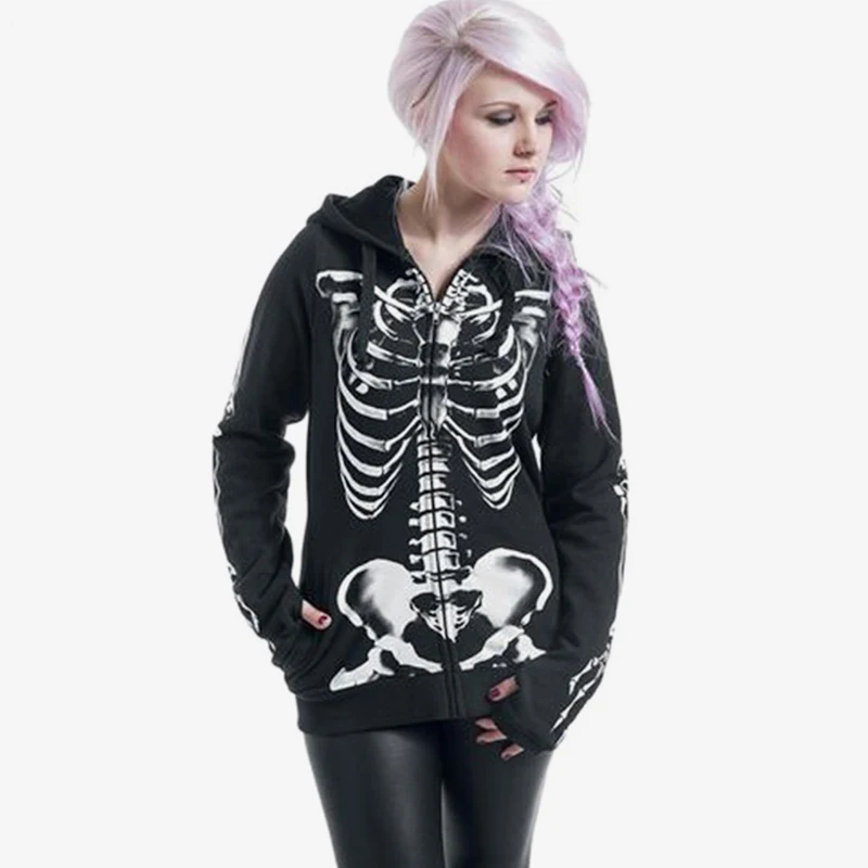 Comprar Moda mujer cráneo estampado gótico Punk sudaderas con capucha 2019 de talla grande manga larga negro Sudadera Mujer Streetwear cremallera chaqueta con capucha