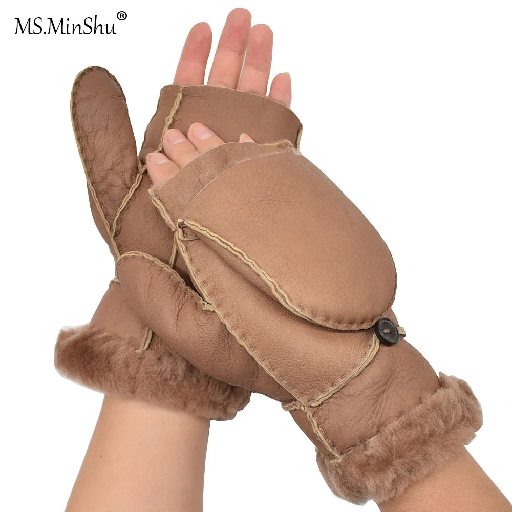 

MS.MinShu Sheepskin Mittens Sheep Leather Gloves Winter Hand Warmer Woman Fur Mittens With Cover Lamb Fur Mitts