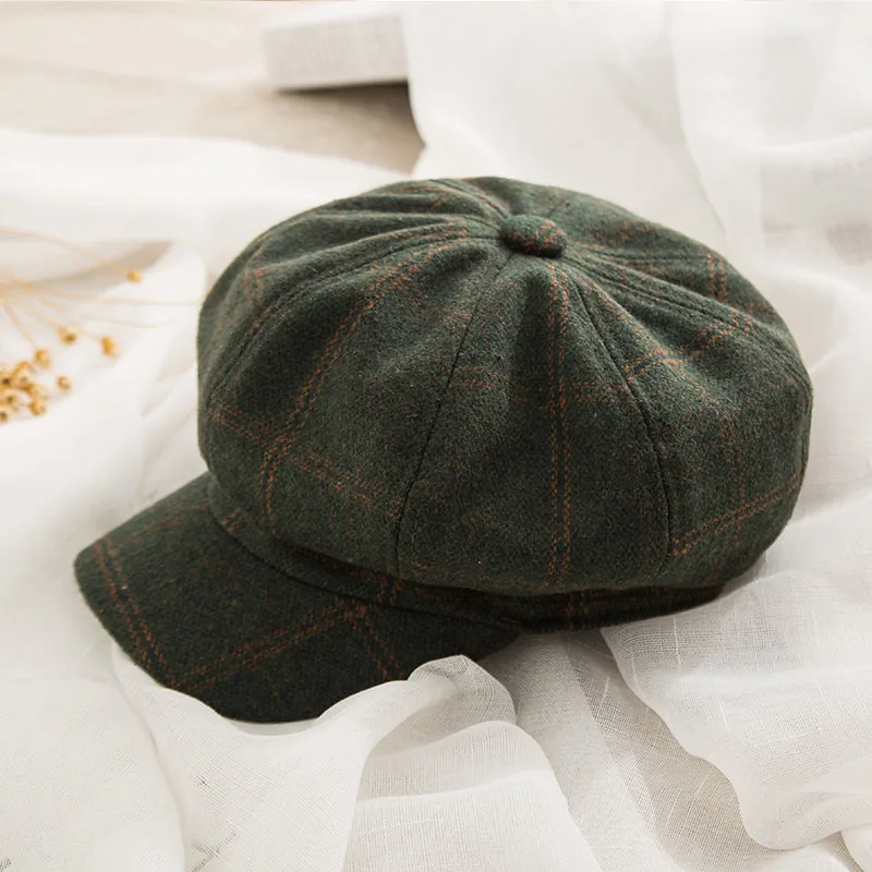 Женская восьмиугольная шляпа осенне-зимняя винтажная хлопоковый берет, повседневные шляпы Newsboy для девочек, Женская клетчатая восьмиугольная кепка - Цвет: Green