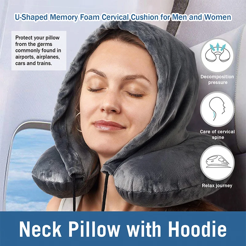 

Hooded U-shaped Pillow Cap Nap Pillow Cervical Protection Pillow Traveling Supplies Car Plain Neck Pillow Office Accessories
