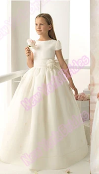 

Custom 2020 Ivory white flower girls dresses ball gown floor length cap sleeve bow satin first holy communion dresses