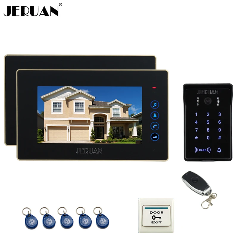 JERUAN Home wired 7 inch Touch key video doorphone intercom system 2 Monitor 700TVL waterproof touch key password keypad camera