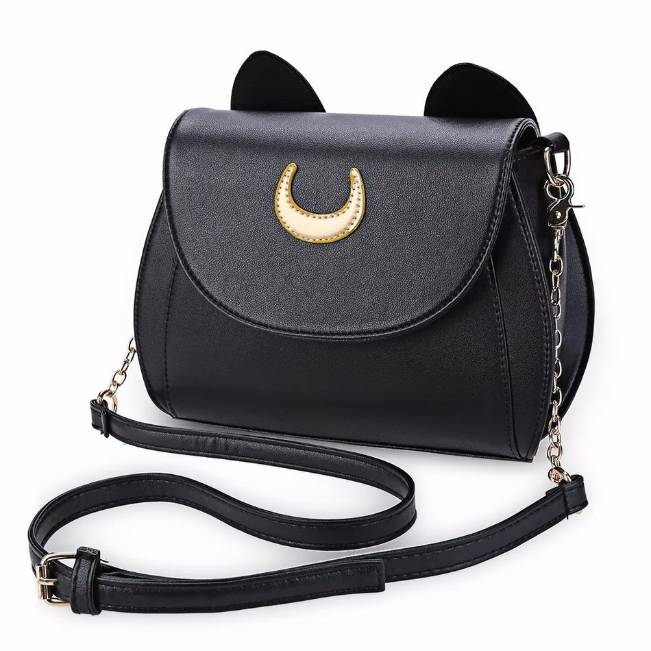 Vegan leather black Cat bag with moon design cat design crossbody bag female handbag with cat ear