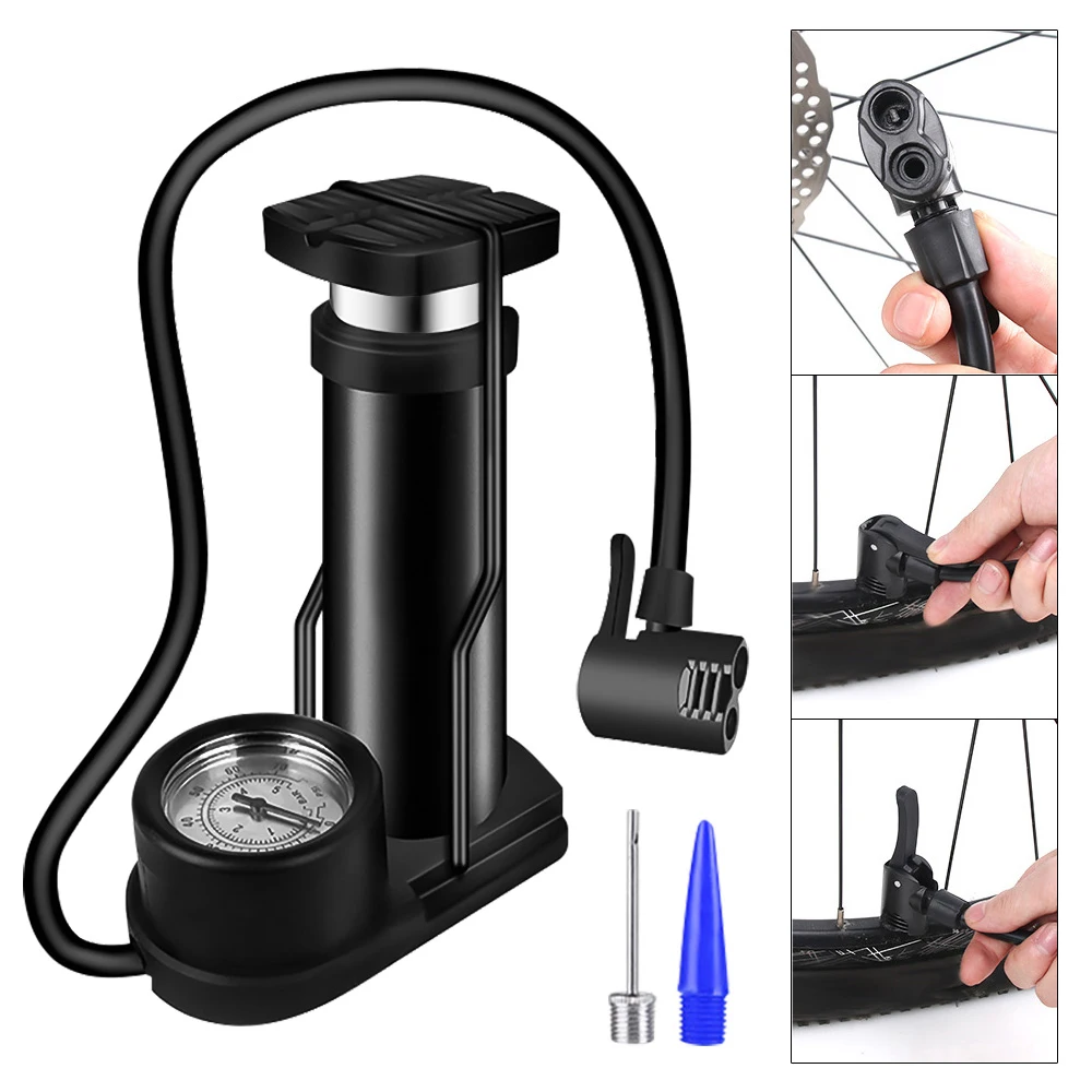 

Portable Bicycle Tire Pump Foot Activated Pump Tyre Inflator Pressure Gauge Inflation Needle Inflatable Device Valve Compatible