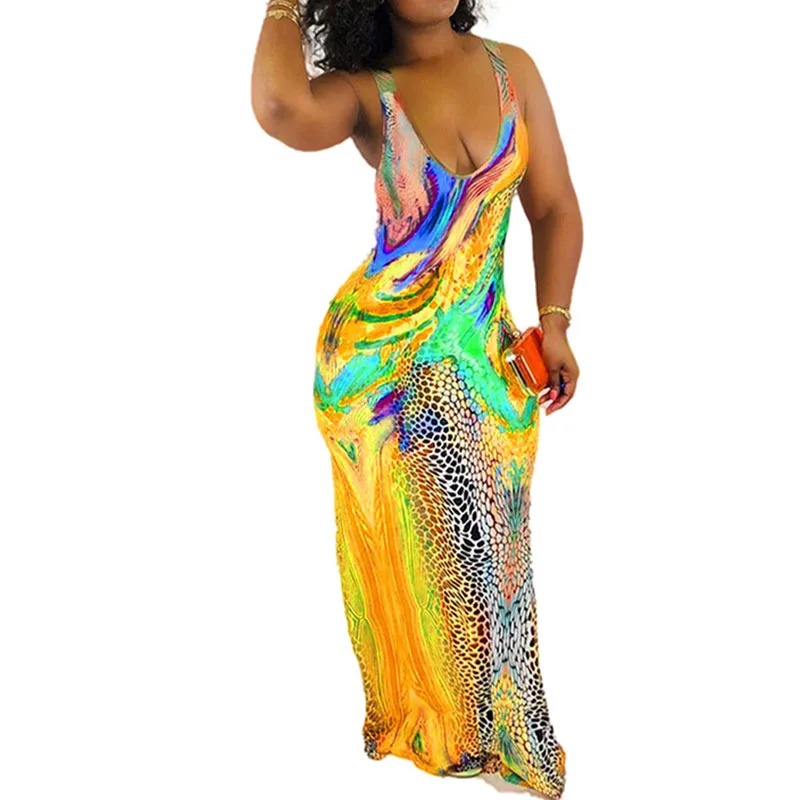 

Plus Size S-3XL Women Sexy V Neck Printed Leopard Sleeveless Maxi Dress Female Casual Summer Colorful Bodycon Dress SJ2753M