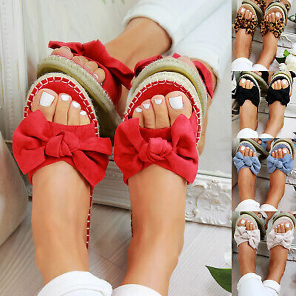 

red Woman Slip On Sandals Bow Flat Mule Leopard Linen Hemp Summer Sliders Shoes Sizes Shoes Chanclas De Mujer
