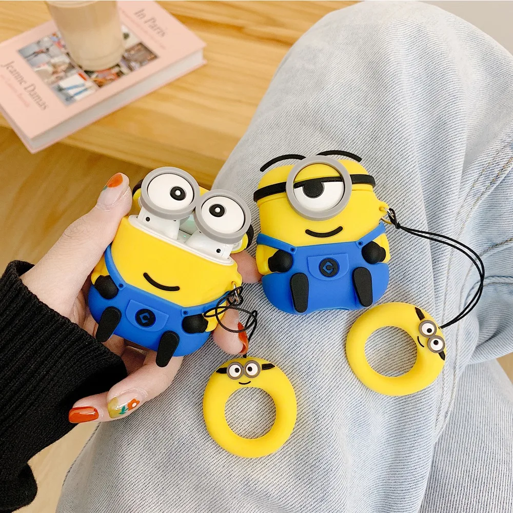 

Finger Ring Strap Wireless Earphone Protective Cover 3D Minions Silicone Headphone Case For Apple AirPods 1 2 Wired Charging Box