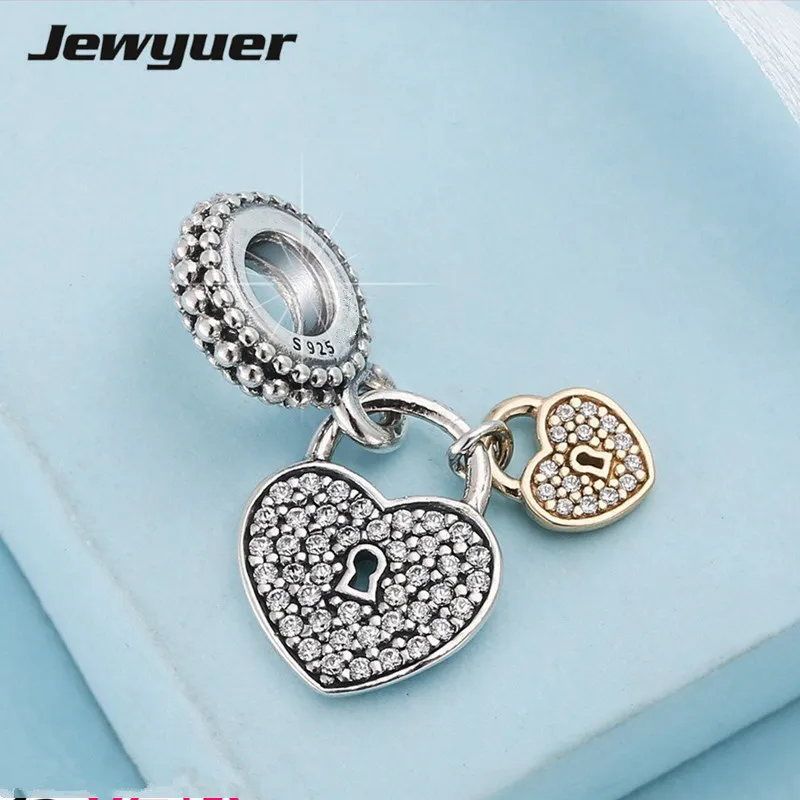 

Silver Love Locks charms 925 sterling silver jewelry with gold heart pendant fit bead bracelets necklace diy for women GD087