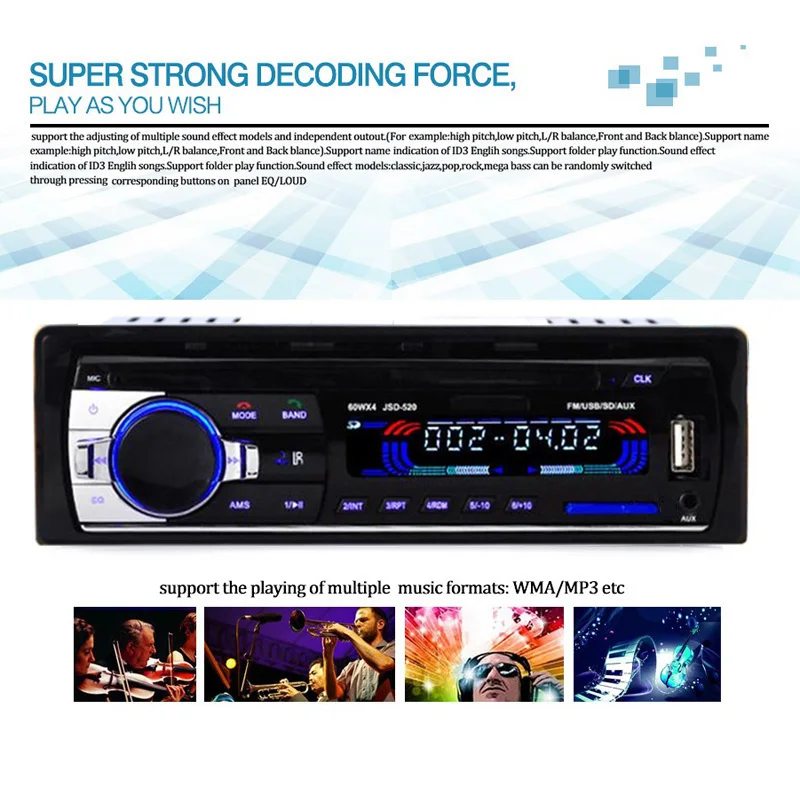 

Car Stereo JSD520 Bluetooth V2.0 12V In-dash 1 Din FM Car Radio without ISO Aux Input Receiver SD USB MP3 MMC WMA Player New
