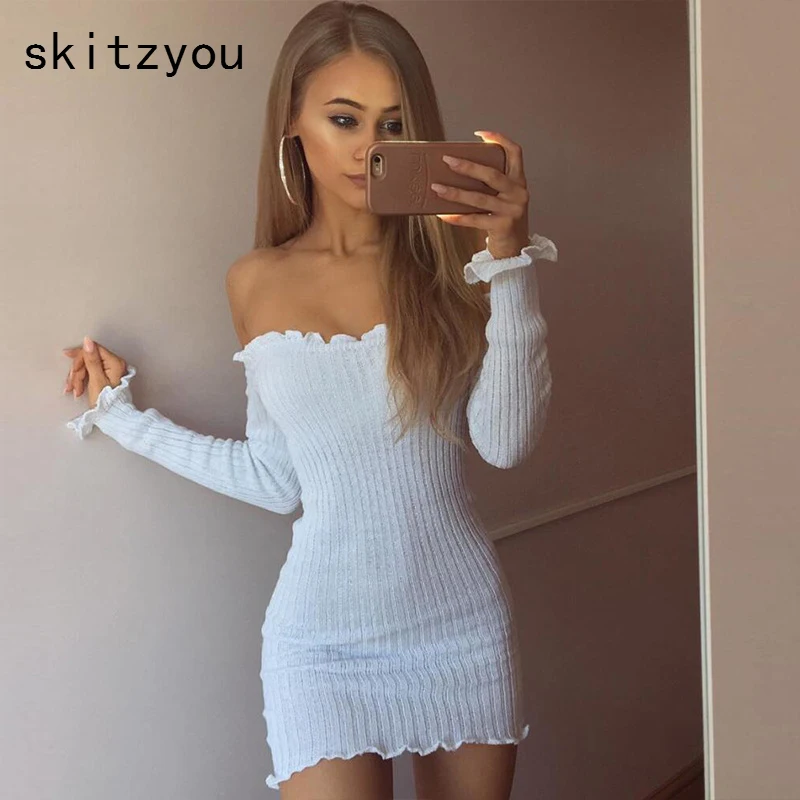 

skitzyou Women Autumn Long Sleeve Sexy Slash Neck Red Bodycon Dress Off Shoulder Black White Slim Winter Mini Dresses vestidos
