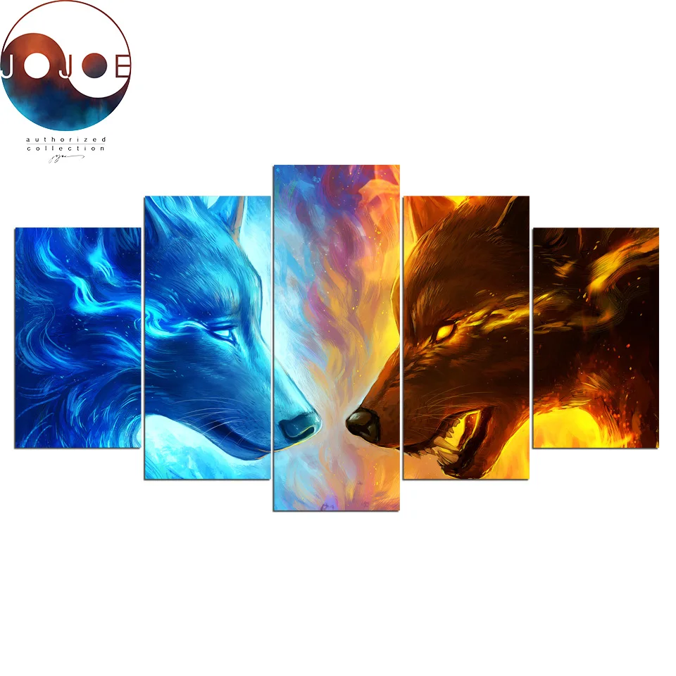 Kaufen Feuer und Eis durch JoJoesArt HD druck 5 stück leinwand kunst Feuer und Eis wolf zwei wölfe Wand Kunst Bild hause Dekoration CU 3091C
