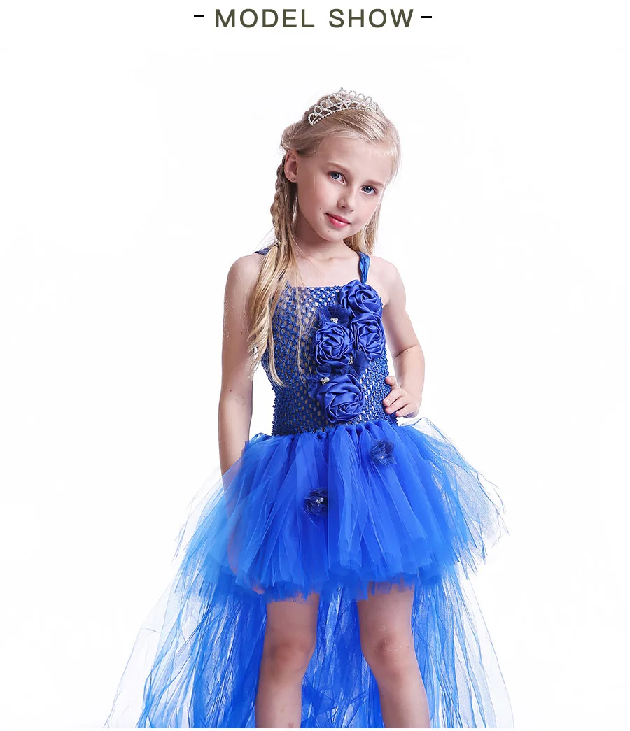 Royal Blue Flowers Girls Tutu Dress High Low Ice Princess Tulle Dress for Wedding Pageant Party Handmade Baby Photo Costume (4)