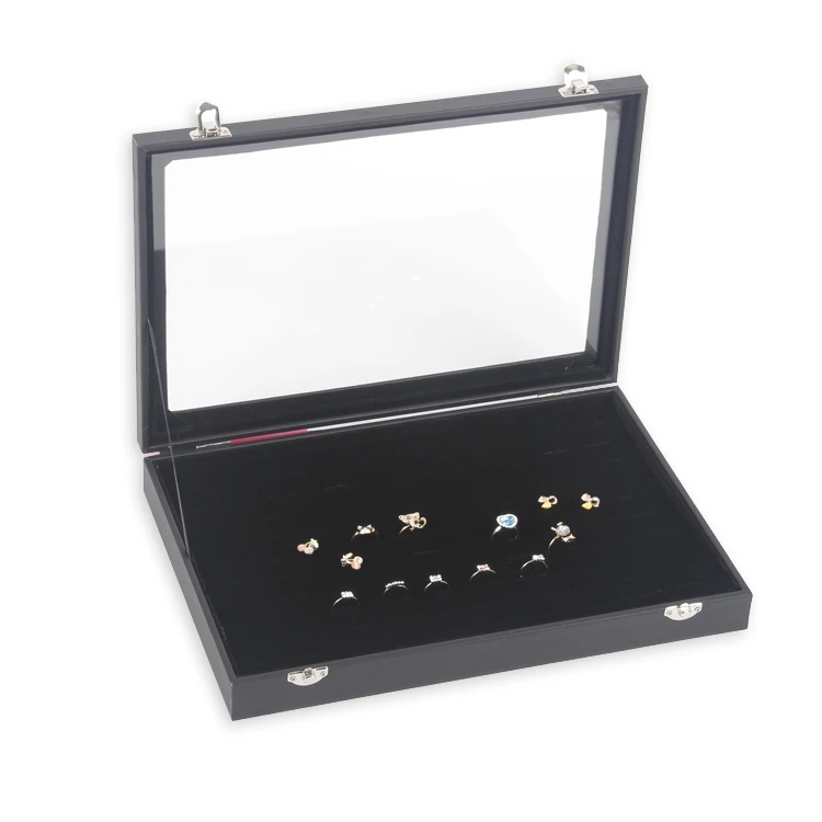 TONVIC черный кожзам ювелирные изделия Дисплей Коробка кольцо браслет серьги цепочки и ожерелья бусины отсеки для хранения лоток со стеклянной крышкой