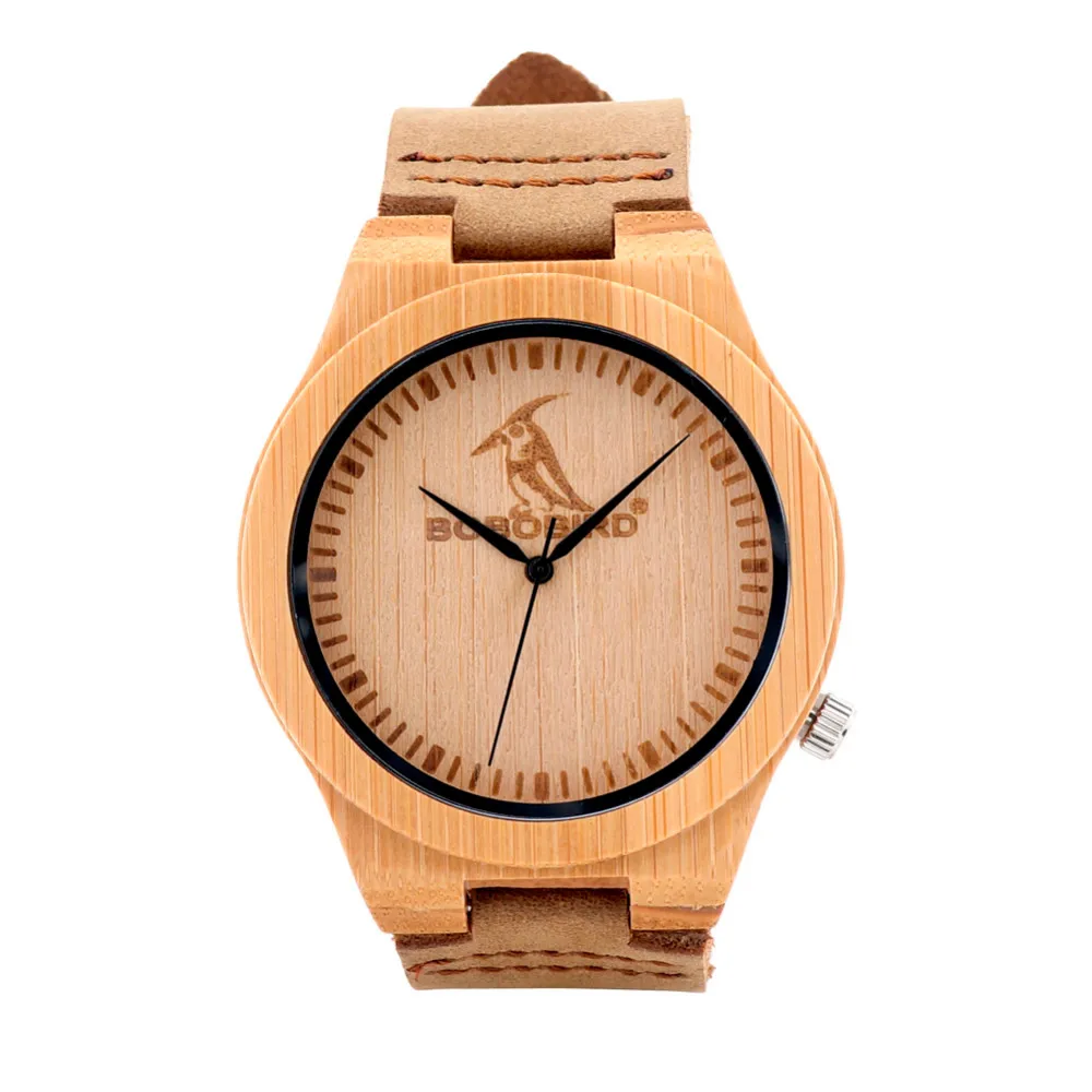 BOBO BIRD Mens Bamboo Wooden Quartz Watches Casual Sport Dress Watches with Real Leather Strap in Gift Box Customizable logo